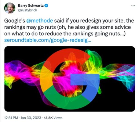Barry Schwartz tweet regarding Google's SEO tips for new website builds