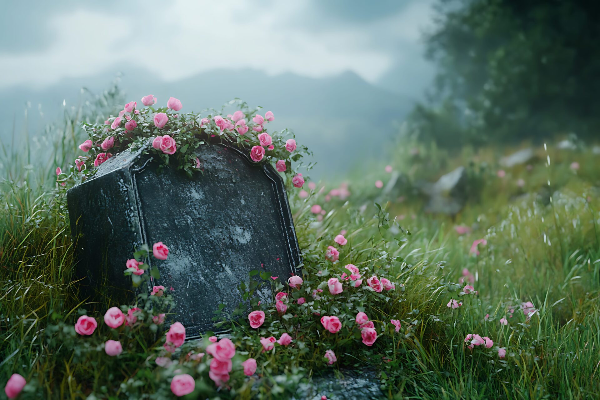 Old gravestone overgrown with pink roses, symbolising outdated SEO tactics laid to rest as part of the evolution toward modern, strategy-led search marketing