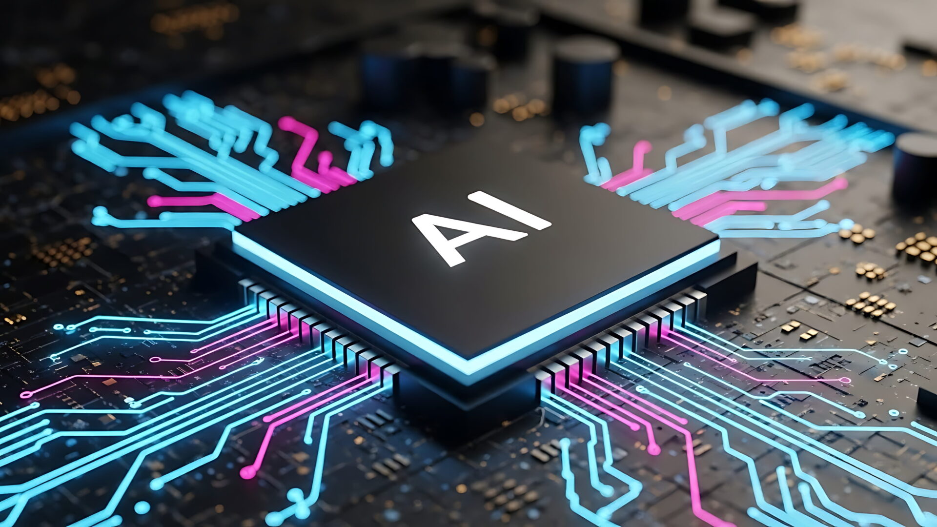 Image showing an AI computer chip with blue and pink feeds coming out